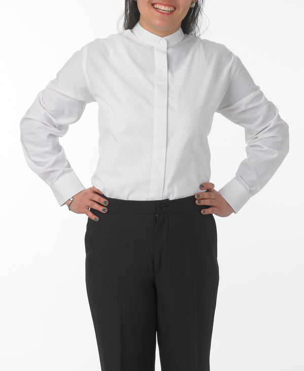 Women's White, Banded Collar, Long Sleeve Dress Shirt - 99tux