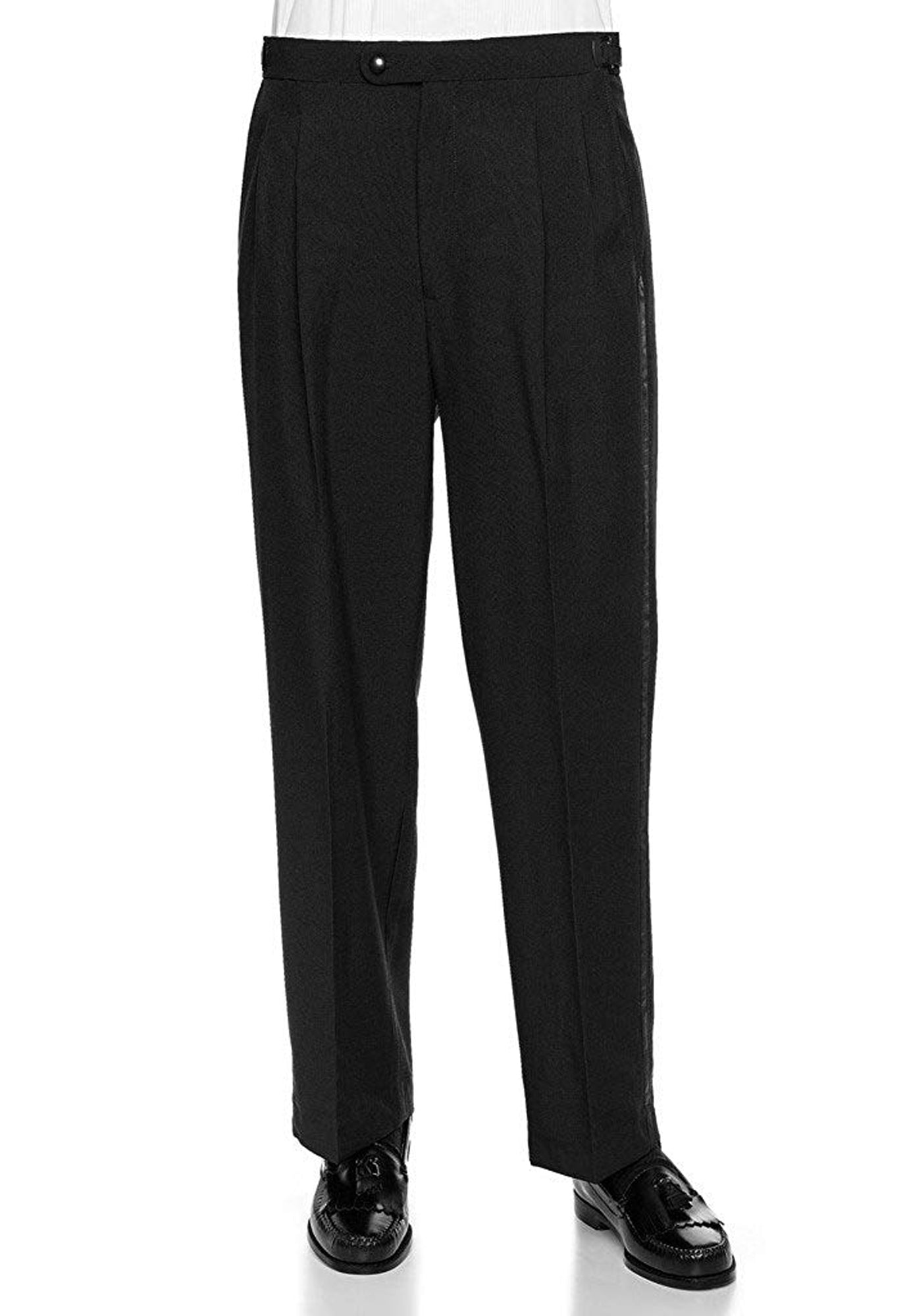 Men's Black, Pleated Front, Tuxedo Pants with Satin Stripe - 99tux